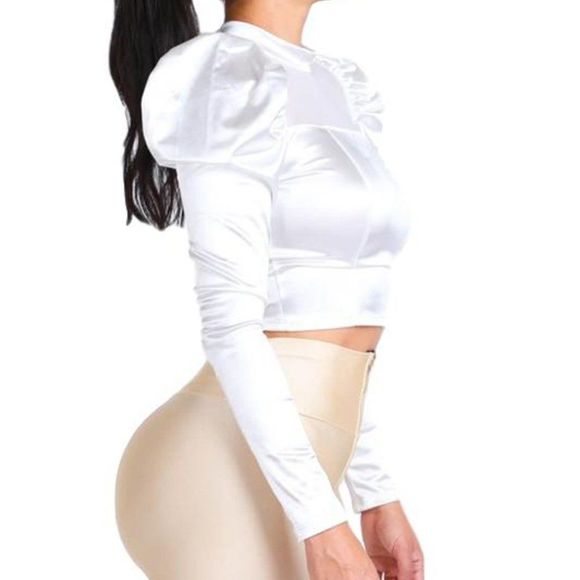 Mesh Contrast Puff Shoulder Satin Top - Picture 3 of 4